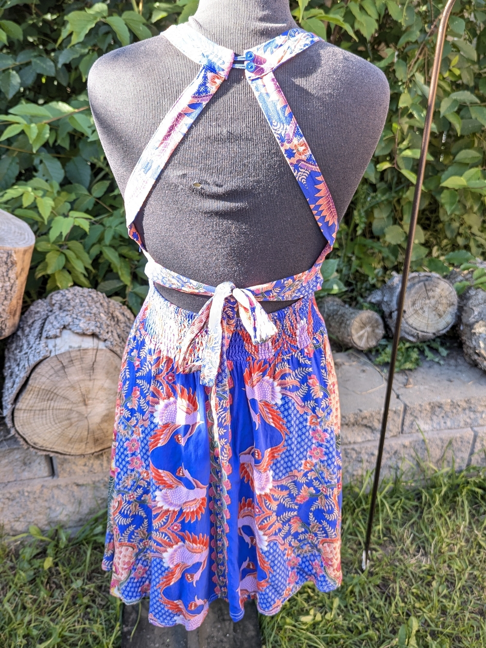 Jaase Boho Tropical Halter Mini Dress Smocked Festival Summer XS Dopamine Drip - Picture 5 of 13
